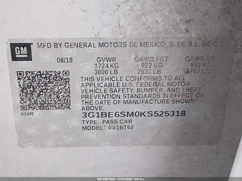 2019 Chevrolet Cruze VIN 3G1BE6SM0KS525318 IAAI salvage auction — REAR END, Salvage Title, sold $25 on 2026-08-24 (photo 9)