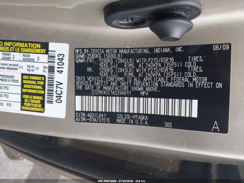2010 Toyota Sienna VIN 5TDYK4CC1AS294811 IAAI salvage auction — NORMAL WEAR, Clear (North Carolina), sold $1,675 on 2026-07-30 (photo 9)