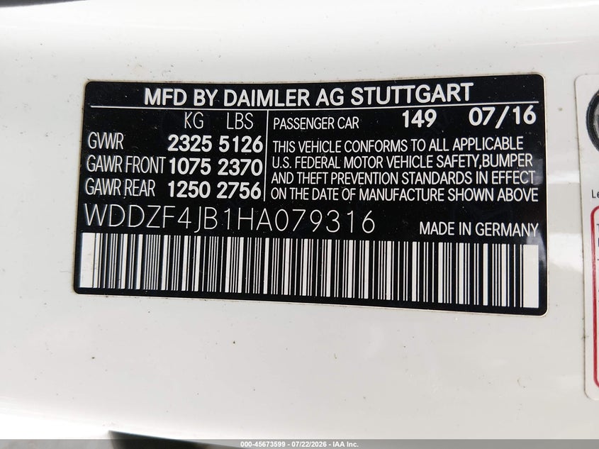 2017 Mercedes-benz E-klasse VIN WDDZF4JB1HA079316 IAAI salvage auction — UNDERCARRIAGE, Wait Title, sold $3,900 on 2026-08-15 (photo 9)