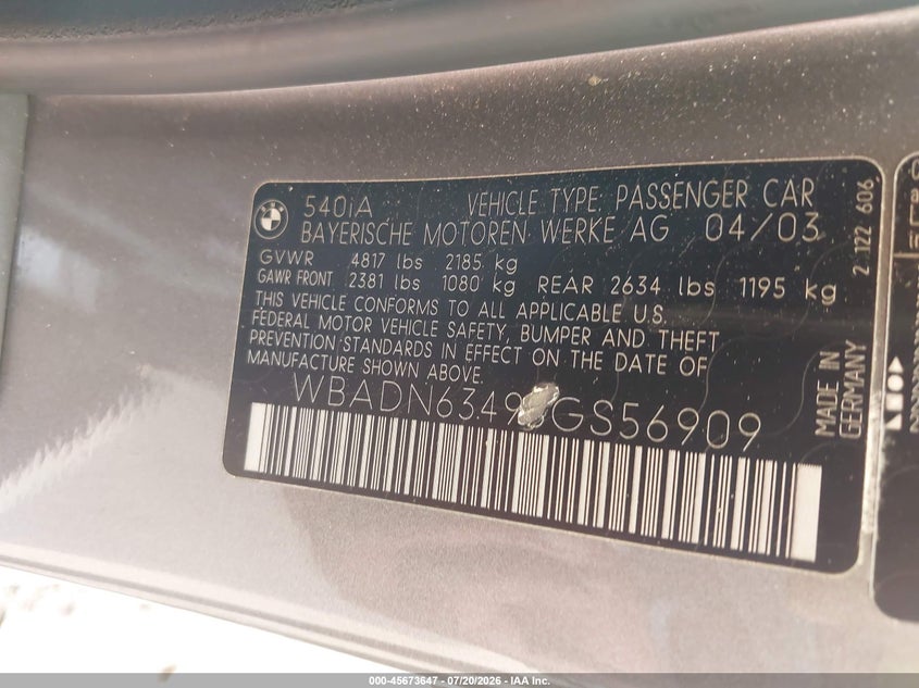 2003 BMW 5 series VIN WBADN63493GS56909 IAAI salvage auction — NORMAL WEAR, Original (Ohio), sold $725 on 2026-07-30 (photo 9)