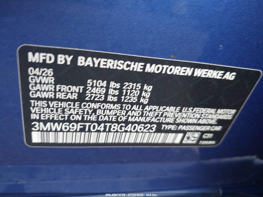 2026 BMW 3er VIN 3MW69FT04T8G40623 IAAI salvage auction — FRONT END, Clear (Massachusetts), sold $15,800 on 2026-07-31 (photo 9)