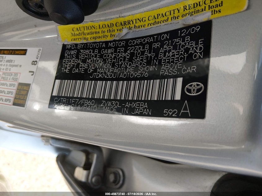 2010 Toyota Prius VIN JTDKN3DU1A0109576 IAAI salvage auction — NORMAL WEAR, Clear - Dealer Only (California), sold $475 on 2026-07-23 (photo 9)