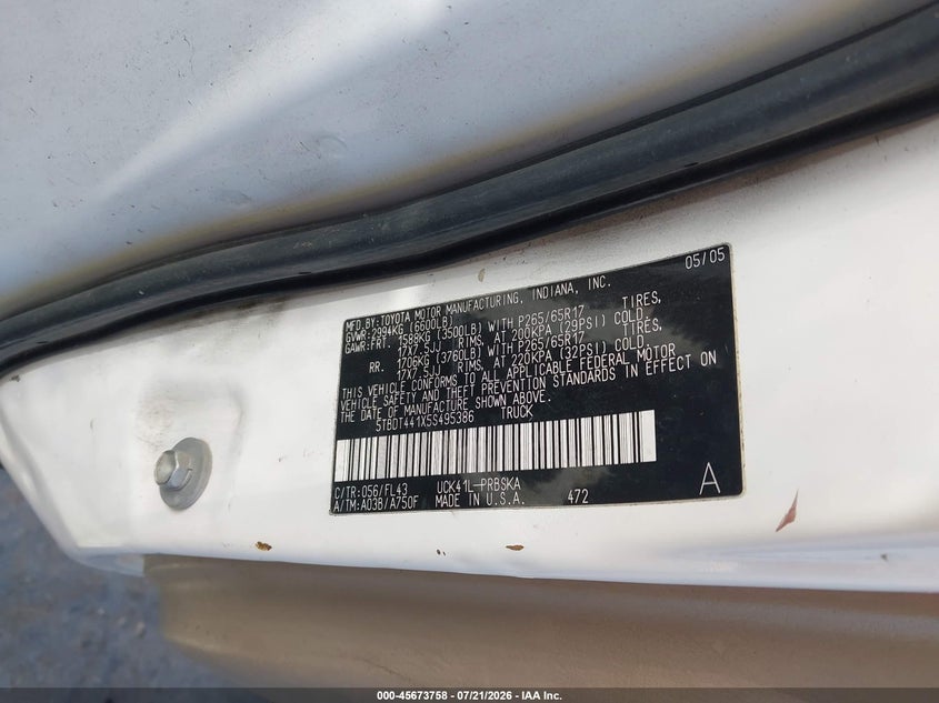 2005 Toyota Tundra VIN 5TBDT441X5S495386 IAAI salvage auction — FRONT END, Salvage (California), sold $1,450 on 2026-08-02 (photo 9)