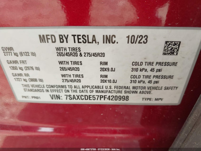2023 Tesla Model x VIN 7SAXCDE57PF420998 IAAI salvage auction — FRONT END, Salvage Title, sold $18,600 on 2026-08-20 (photo 9)