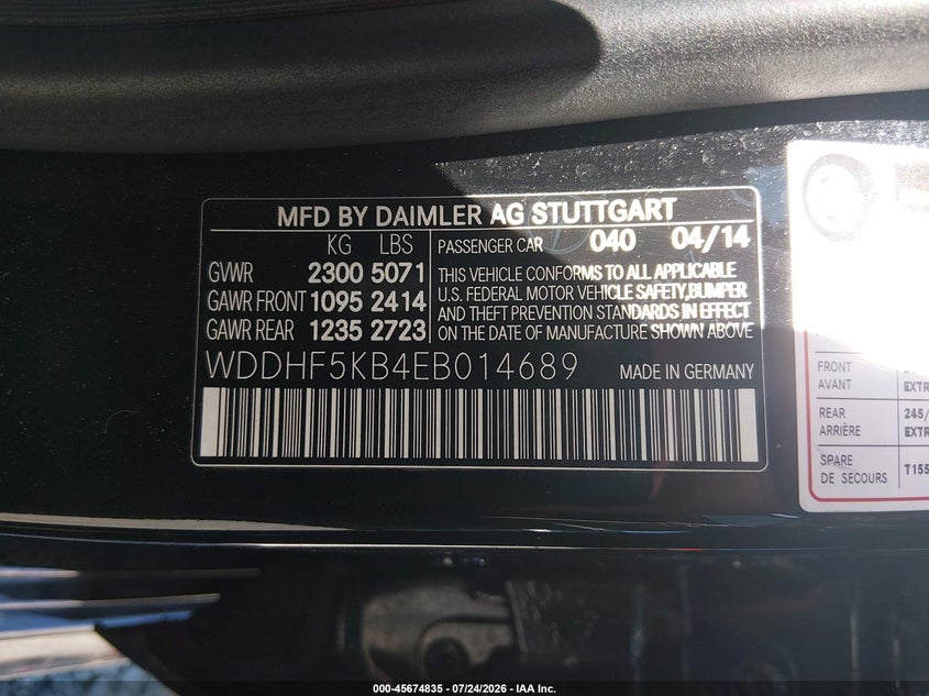 2014 Mercedes-benz E-klasse VIN WDDHF5KB4EB014689 IAAI salvage auction — SIDE, Salvage Title, sold $3,250 on 2026-08-13 (photo 9)