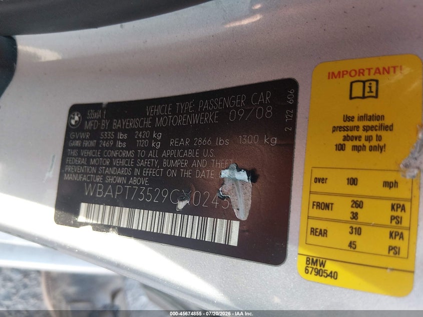 2009 BMW 5 series VIN WBAPT73529CX02433 IAAI salvage auction — NORMAL WEAR, Clear (Colorado), sold $425 on 2026-07-28 (photo 9)