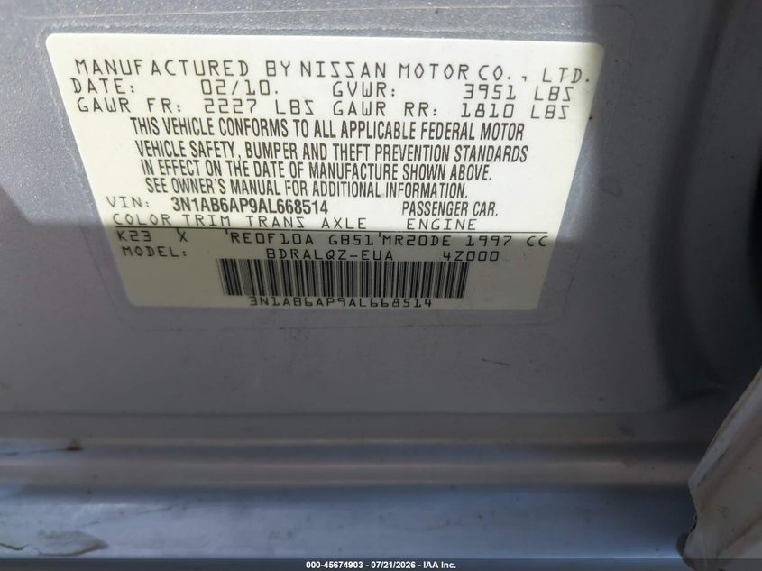 2010 Nissan Sentra VIN 3N1AB6AP9AL668514 IAAI salvage auction — REPOSSESSION, Nrc Lienholder Repossession Paperwork (Texas), sold $600 on 2026-09-10 (photo 9)