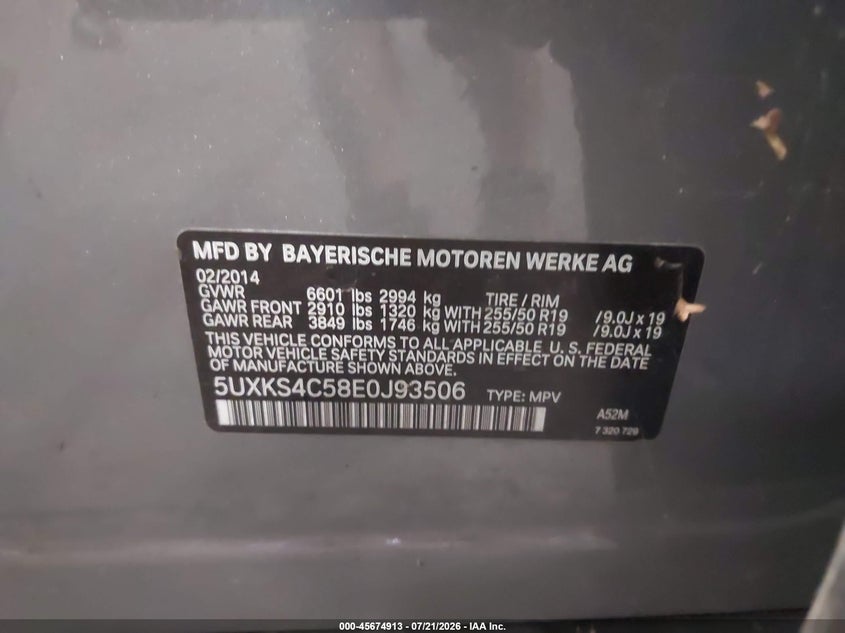 2014 BMW X5 VIN 5UXKS4C58E0J93506 IAAI salvage auction — RIGHT REAR, Clear-Dealer Only (Oregon), sold $1,000 on 2026-07-30 (photo 9)