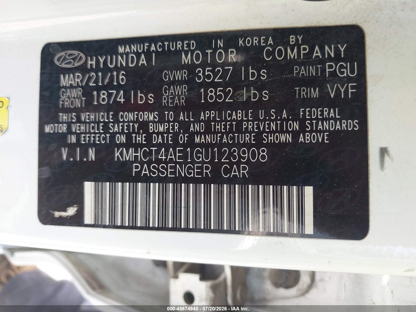 2016 Hyundai Accent VIN KMHCT4AE1GU123908 IAAI salvage auction — FRONT END, Salvage Title, sold $800 on 2026-07-31 (photo 9)