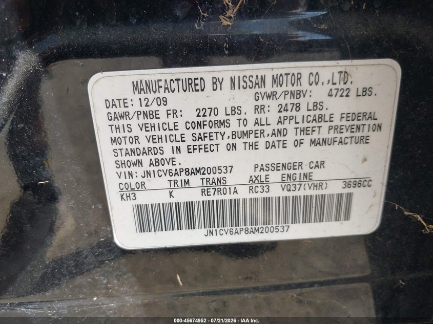 2010 Infiniti G37 VIN JN1CV6AP8AM200537 IAAI salvage auction — NORMAL WEAR, Original (Texas), sold $25 on 2026-07-29 (photo 9)