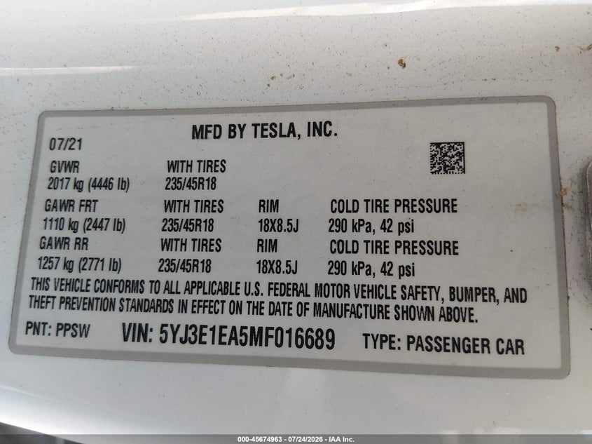 2021 Tesla Model 3 VIN 5YJ3E1EA5MF016689 IAAI salvage auction — FRONT END, Original (Texas), sold $4,850 on 2026-09-03 (photo 9)