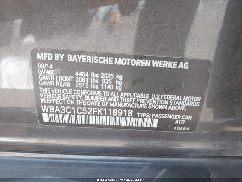 2015 BMW 3er VIN WBA3C1C52FK118918 IAAI salvage auction — RIGHT SIDE, Wait Title, sold $2,000 on 2026-08-12 (photo 9)