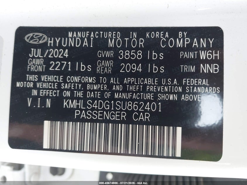 2025 Hyundai Elantra VIN KMHLS4DG1SU862401 IAAI salvage auction — SIDE, Mv-907A (New York), sold $7,400 on 2026-08-01 (photo 9)