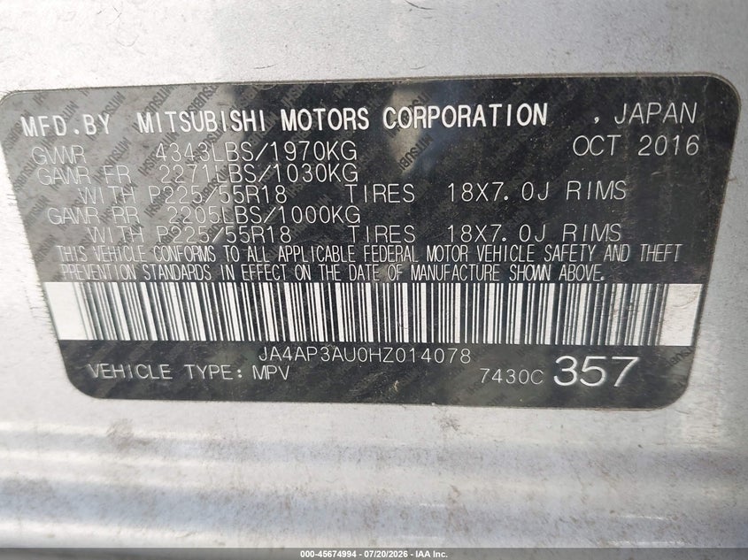 2017 Mitsubishi Outlander VIN JA4AP3AU0HZ014078 IAAI salvage auction — NORMAL WEAR, Original (Texas), sold $25 on 2026-07-29 (photo 9)