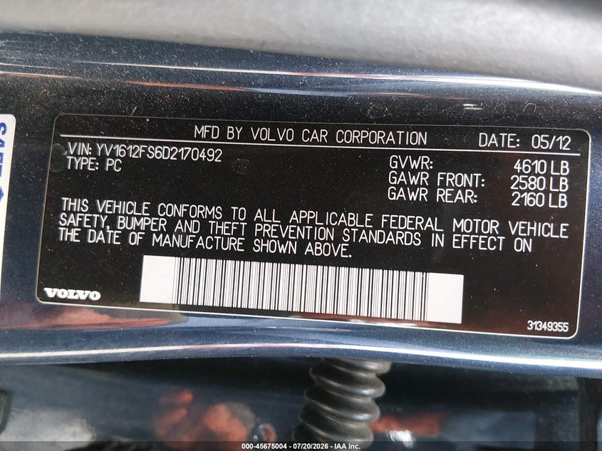 2013 Volvo S60 VIN YV1612FS6D2170492 IAAI salvage auction — FRONT END, Salvage (California), sold $175 on 2026-08-11 (photo 9)