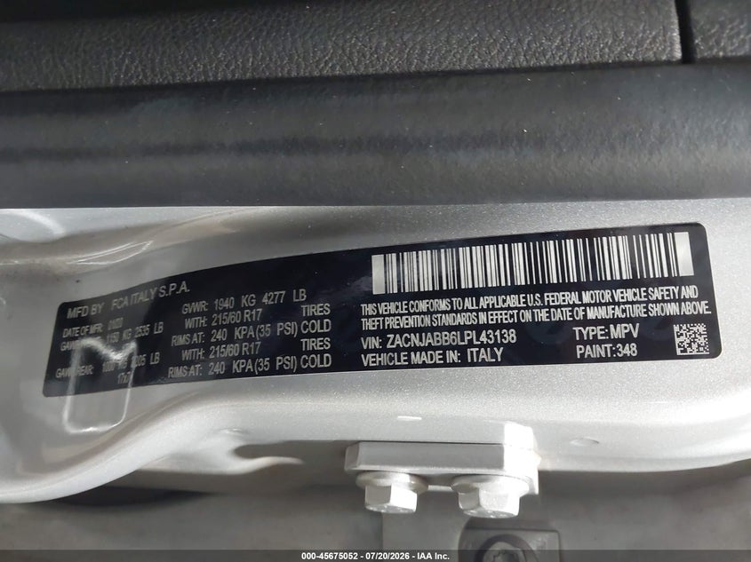 2020 Jeep Renegade VIN ZACNJABB6LPL43138 IAAI salvage auction — LEFT FRONT, Wait Title, sold $2,450 on 2026-08-13 (photo 9)
