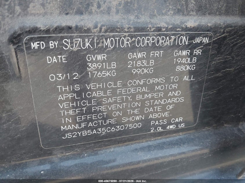 2012 Suzuki Sx4 VIN JS2YB5A35C6307500 IAAI salvage auction — NORMAL WEAR, Clear (Montana), sold $500 on 2026-08-01 (photo 9)