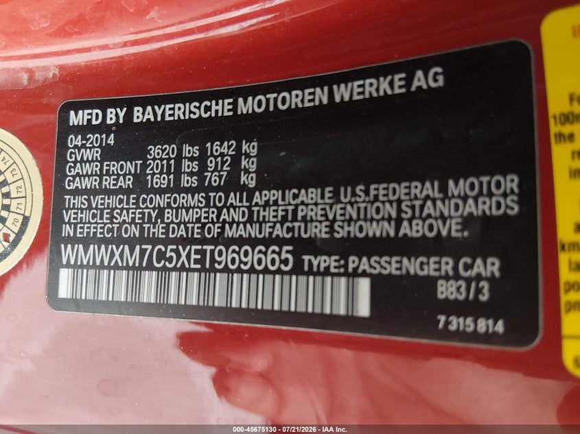 2014 Mini Hard top VIN WMWXM7C5XET969665 IAAI salvage auction — FRONT END, Salvage Title, sold $1,000 on 2026-08-15 (photo 9)