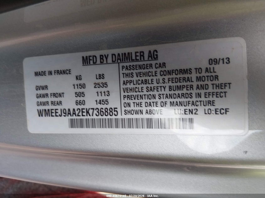 2014 Smart VIN WMEEJ9AA2EK736885 IAAI salvage auction — NORMAL WEAR, Clear-Dealer Only (Arizona), sold $200 on 2026-08-04 (photo 9)