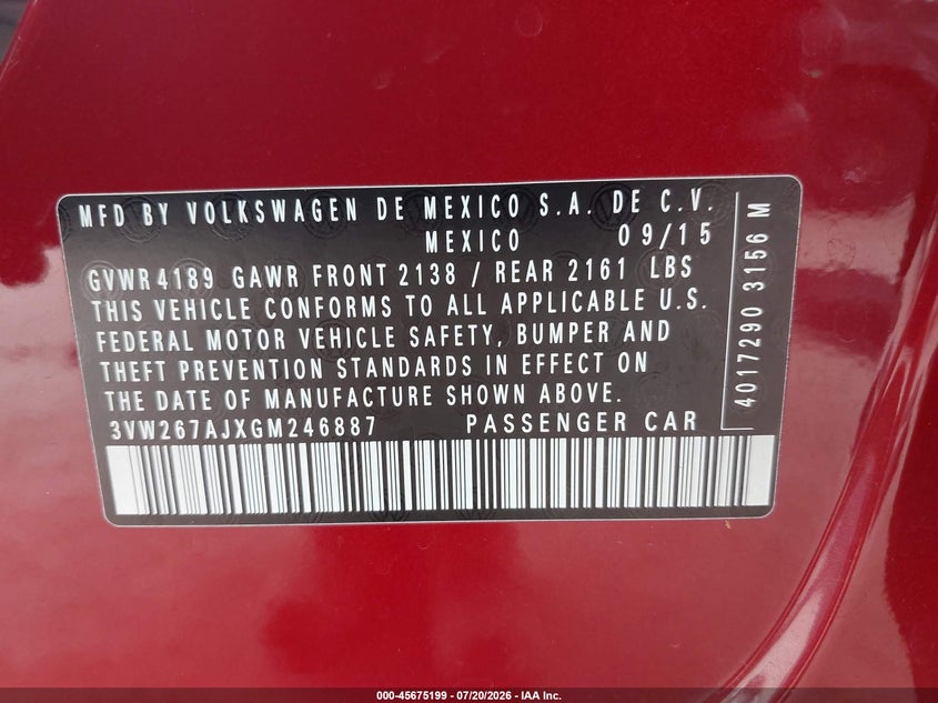 2016 Volkswagen Jetta VIN 3VW267AJXGM246887 IAAI salvage auction — RIGHT SIDE, Salvage Title, sold $625 on 2026-08-03 (photo 9)
