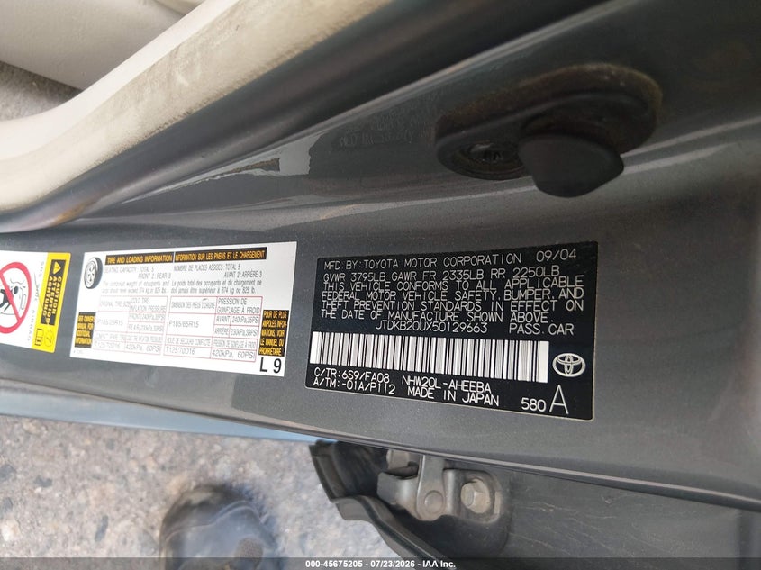 2005 Toyota Prius VIN JTDKB20UX50129663 IAAI salvage auction — NORMAL WEAR, Clear (Colorado), sold $225 on 2026-07-28 (photo 9)