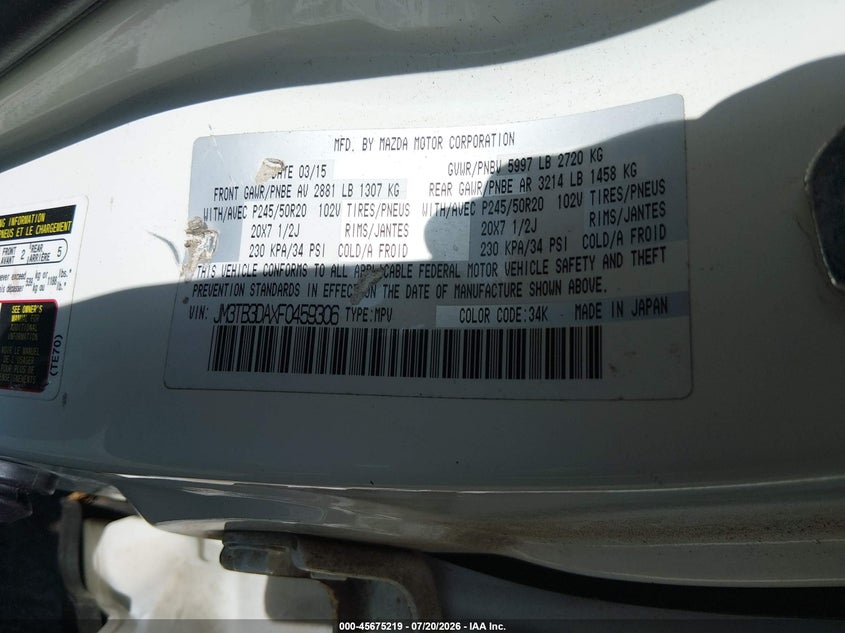 2015 Mazda Cx-9 VIN JM3TB3DAXF0459306 IAAI salvage auction — HAIL, Clear (Arkansas), sold $25 on 2026-07-29 (photo 9)