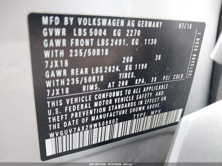 2017 Volkswagen Tiguan VIN WVGUV7AX2HW509602 IAAI salvage auction — REAR END, Salvage (Georgia), sold $3,025 on 2026-08-19 (photo 9)