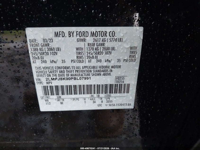 2023 Lincoln Nautilus VIN 2LMPJ8K90PBL07991 IAAI salvage auction — REAR END, Salvage Title, sold $12,000 on 2026-08-01 (photo 9)