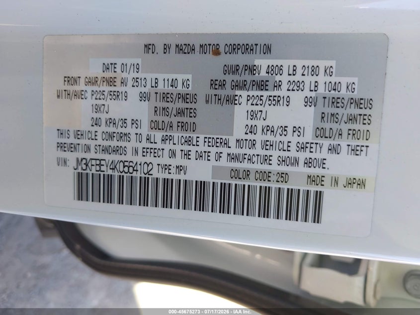 2019 Mazda Cx-5 VIN JM3KFBEY4K0564102 IAAI salvage auction — LEFT FRONT, Clear - Dealer Only (California), sold $8,450 on 2026-07-30 (photo 9)
