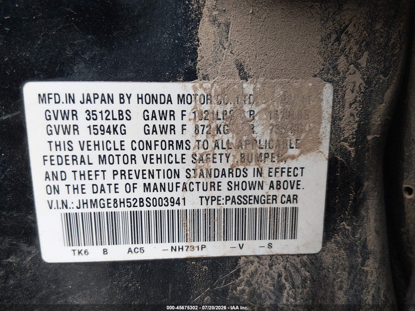 2011 Honda Fit VIN JHMGE8H52BS003941 IAAI salvage auction — NORMAL WEAR, Clear (New Mexico), sold $375 on 2026-07-29 (photo 9)