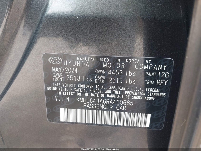 2024 Hyundai Sonata VIN KMHL64JA6RA410685 IAAI salvage auction — FRONT END, Enterprise Vehicles Clear Only (Minnesota), sold $6,600 on 2026-07-28 (photo 9)
