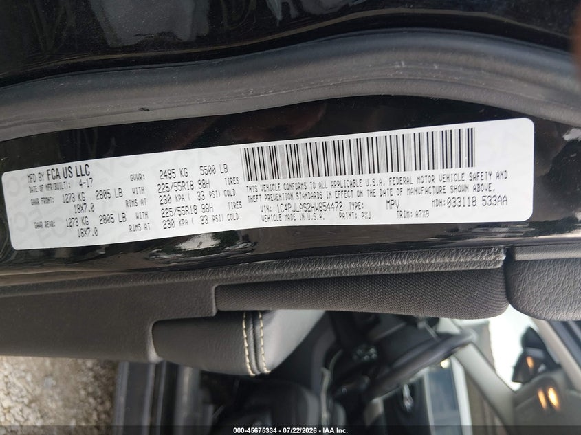 2017 Jeep Cherokee VIN 1C4PJLAS2HW654472 IAAI salvage auction — FRONT END, Salvage Title, sold $1,950 on 2026-08-14 (photo 9)