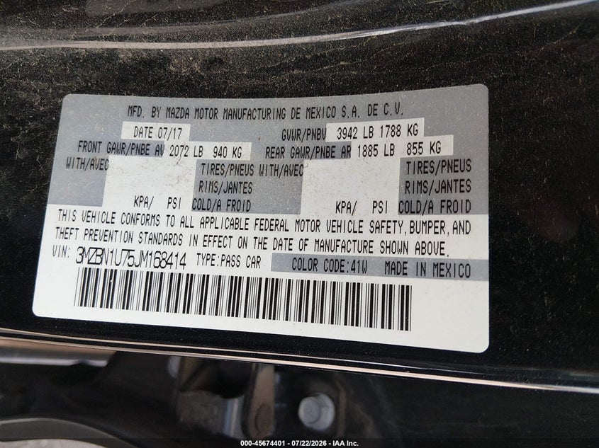 2018 Mazda 3 VIN 3MZBN1U75JM168414 IAAI salvage auction — REAR END, Salvage Title, sold $2,800 on 2026-09-02 (photo 9)