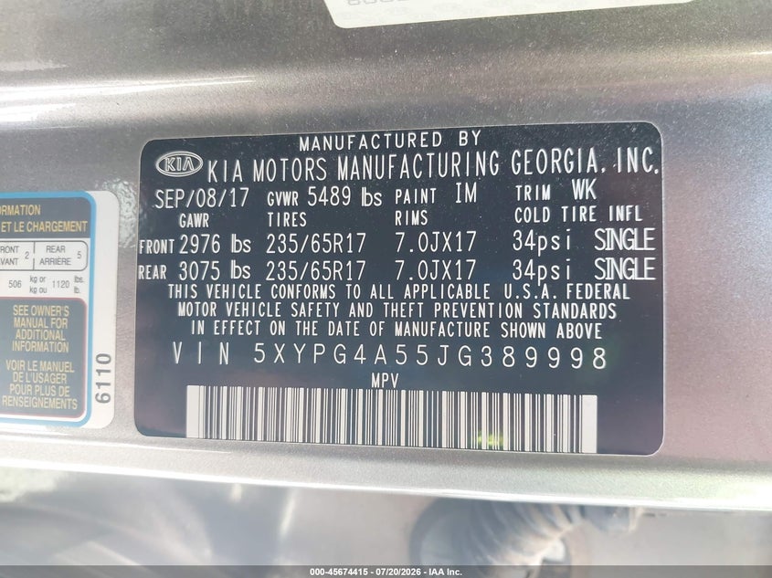 2018 Kia Sorento VIN 5XYPG4A55JG389998 IAAI salvage auction — NORMAL WEAR, Clear - Dealer Only (California), sold $725 on 2026-07-28 (photo 9)