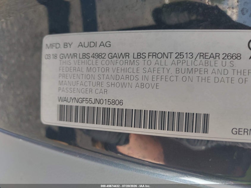 2018 Audi A5 VIN WAUYNGF55JN015806 IAAI salvage auction — FRONT END, Wait Title, sold $25 on 2026-07-30 (photo 9)