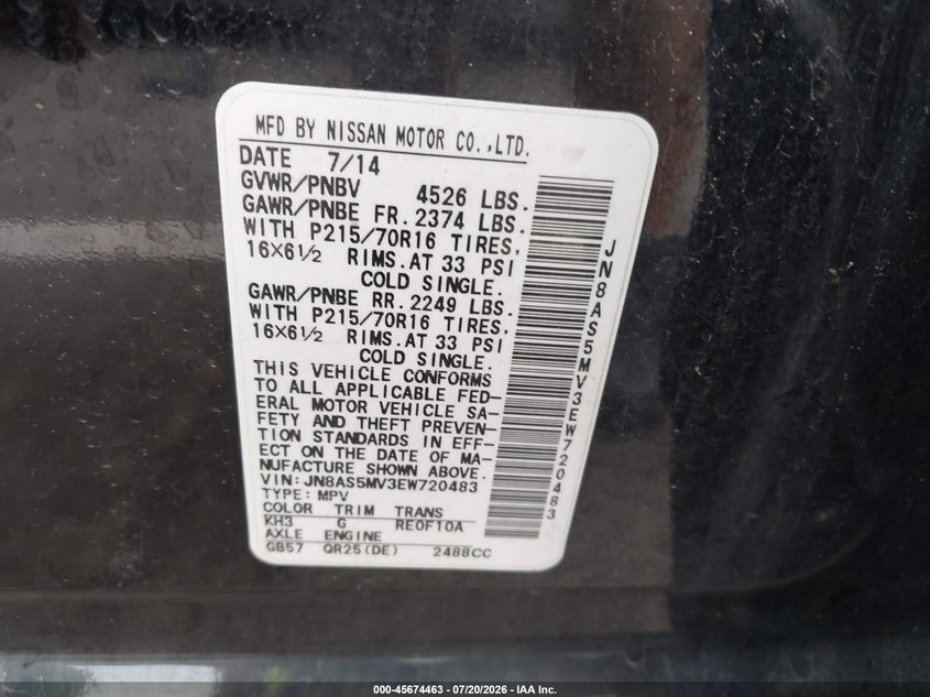 2014 Nissan Rogue VIN JN8AS5MV3EW720483 IAAI salvage auction — NORMAL WEAR, Clear (New Jersey), sold $25 on 2026-07-30 (photo 9)