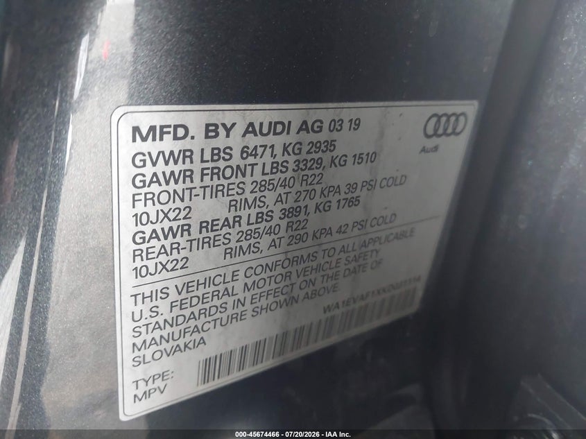 2019 Audi Q8 VIN WA1EVAF1XKD031114 IAAI salvage auction — FRONT END, Salvage (California), sold $13,600 on 2026-07-31 (photo 9)