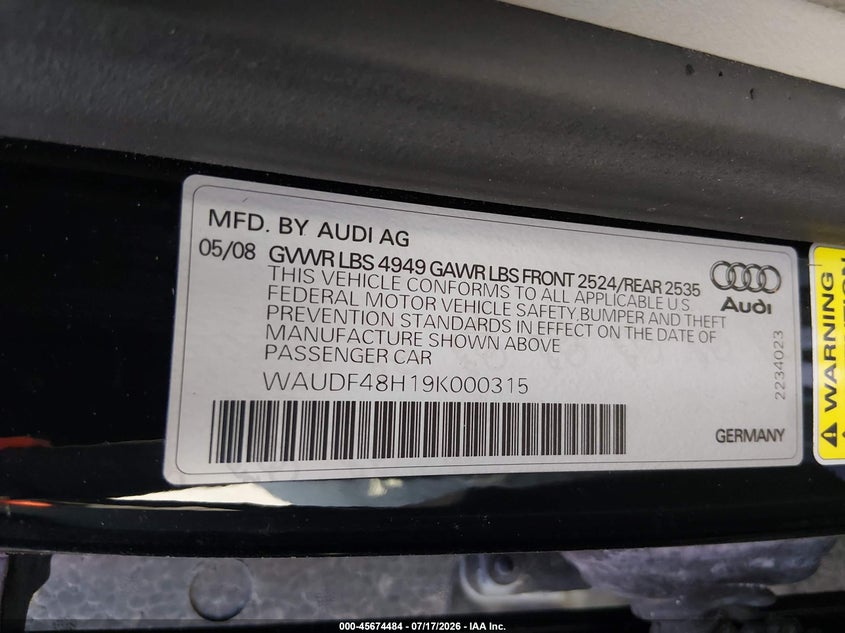2009 Audi A4 VIN WAUDF48H19K000315 IAAI salvage auction — NORMAL WEAR, Clear (New Jersey), sold $550 on 2026-07-30 (photo 9)