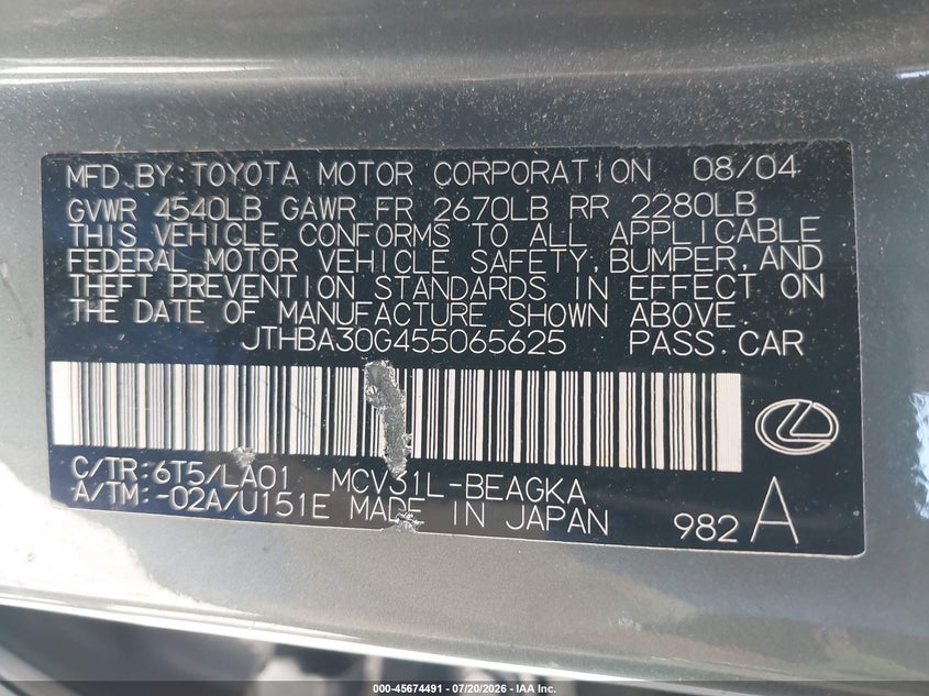 2005 Lexus Es 330 VIN JTHBA30G455065625 IAAI salvage auction — NORMAL WEAR, Clear (Pennsylvania), sold $550 on 2026-07-31 (photo 9)
