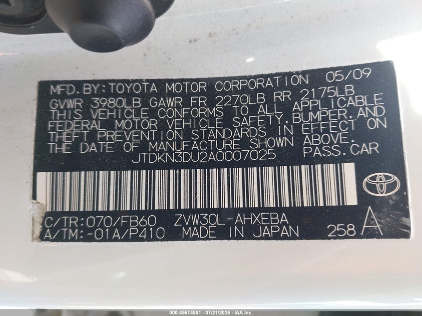 2010 Toyota Prius VIN JTDKN3DU2A0007025 IAAI salvage auction — NORMAL WEAR, Clear - Dealer Only (California), sold $525 on 2026-07-28 (photo 9)