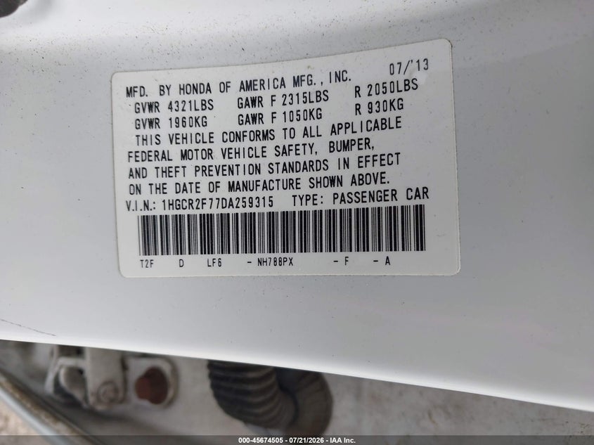 2013 Honda Accord VIN 1HGCR2F77DA259315 IAAI salvage auction — UNKNOWN, Salvage (Pennsylvania), sold $2,350 on 2026-07-30 (photo 9)