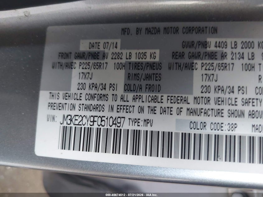 2015 Mazda Cx-5 VIN JM3KE2CY9F0510497 IAAI salvage auction — NORMAL WEAR, Clear (Florida), sold $1,250 on 2026-07-28 (photo 9)