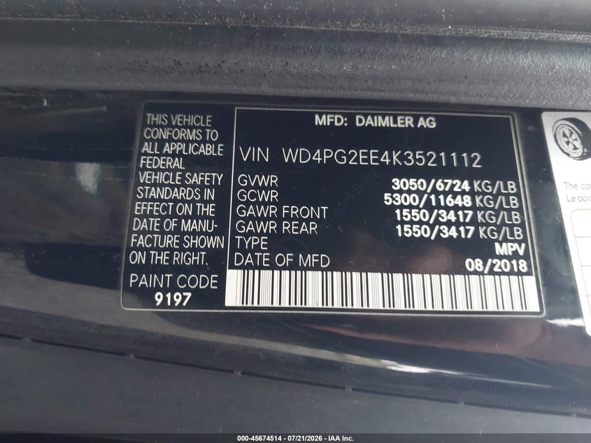 2019 Mercedes-benz Metris VIN WD4PG2EE4K3521112 IAAI salvage auction — SIDE, Salvage (Pennsylvania), sold $4,550 on 2026-07-26 (photo 9)