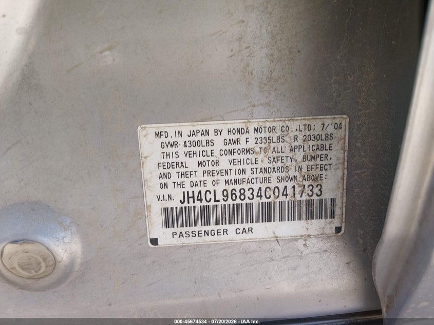 2004 Acura Tsx VIN JH4CL96834C041733 IAAI salvage auction — NORMAL WEAR, Original (Texas), sold $275 on 2026-07-30 (photo 9)