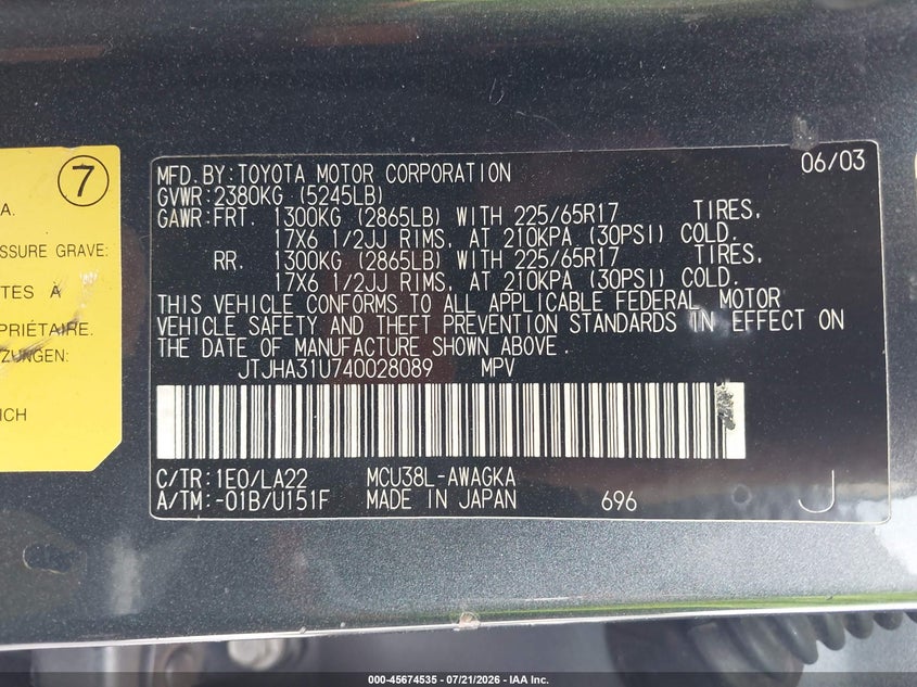 2004 Lexus Rx 330 VIN JTJHA31U740028089 IAAI salvage auction — NORMAL WEAR, Clear (Georgia), sold $1,100 on 2026-07-28 (photo 9)