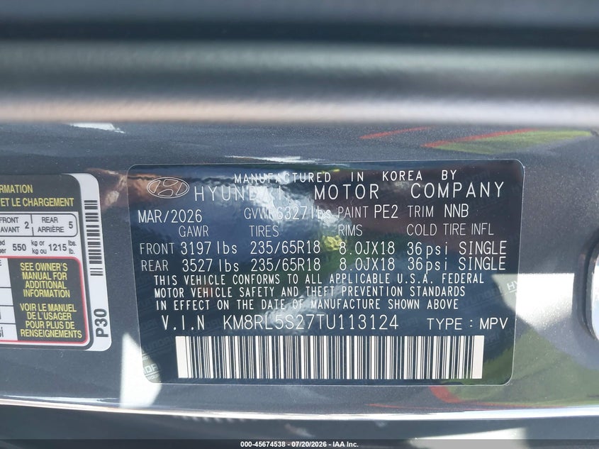 2026 Hyundai Palisade VIN KM8RL5S27TU113124 IAAI salvage auction — RIGHT FRONT, Enterprise Vehicles Clear Only (Texas), sold $18,100 on 2026-07-29 (photo 9)