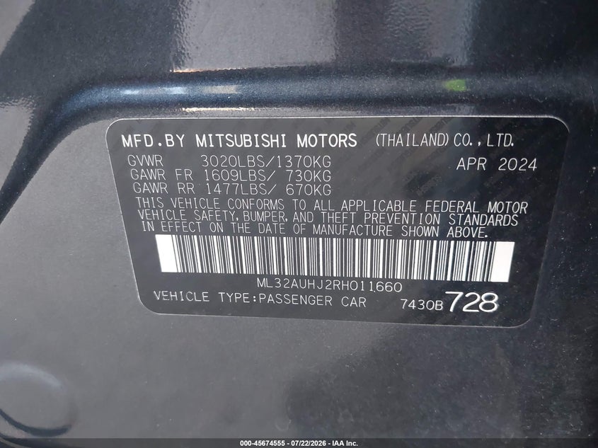 2024 Mitsubishi Mirage VIN ML32AUHJ2RH011660 IAAI salvage auction — RIGHT FRONT, Wait Title, sold $2,100 on 2026-07-30 (photo 9)