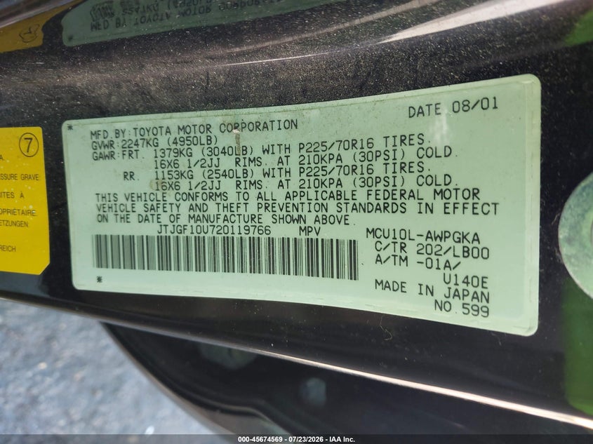 2002 Lexus Rx 300 VIN JTJGF10U720119766 IAAI salvage auction — NORMAL WEAR, Clear - Dealer Only (California), sold $725 on 2026-07-30 (photo 9)