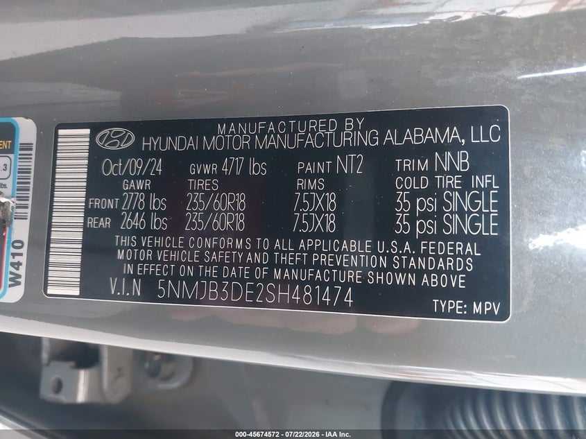 2025 Hyundai Tucson VIN 5NMJB3DE2SH481474 IAAI salvage auction — RIGHT FRONT, Salvage Title, sold $11,500 on 2026-07-30 (photo 9)