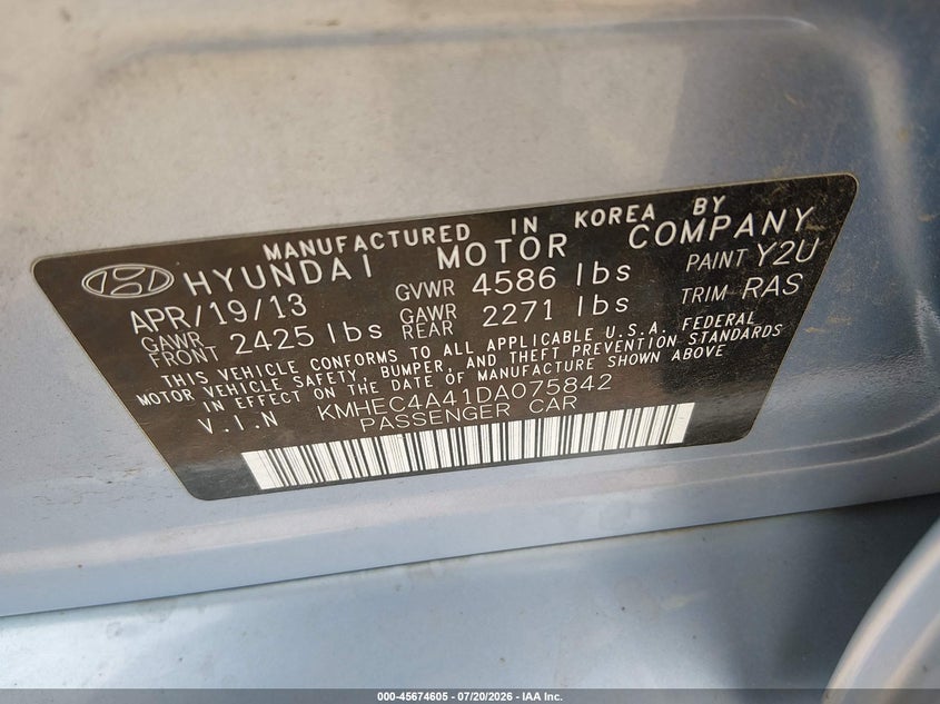 2013 Hyundai Sonata VIN KMHEC4A41DA075842 IAAI salvage auction — NORMAL WEAR, Clear (Indiana), sold $850 on 2026-07-29 (photo 9)